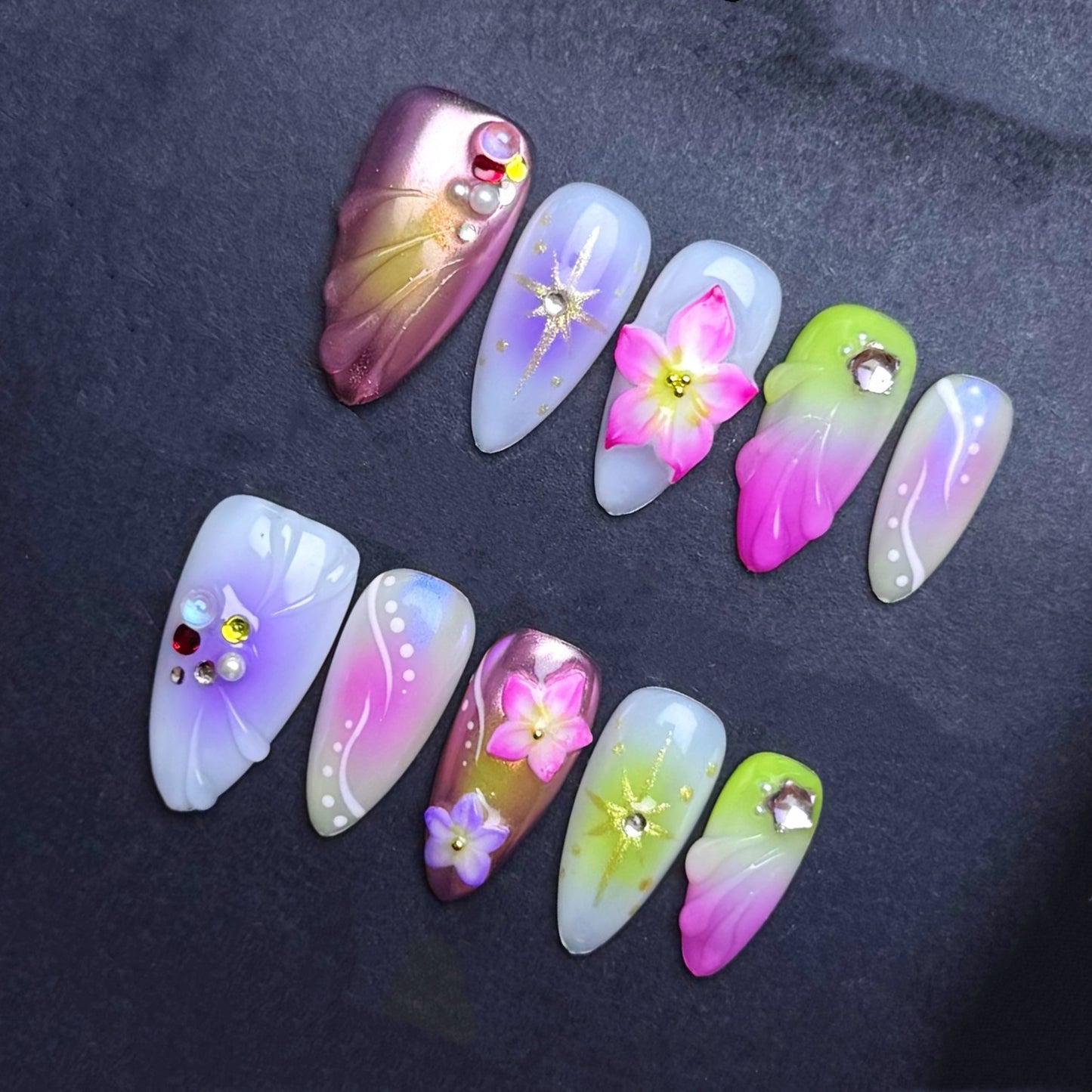 Aurora Tropical Blossom Press-On Nails | Pink Green Ombre Floral Almond False Nails | Chrome Paradise Manicure