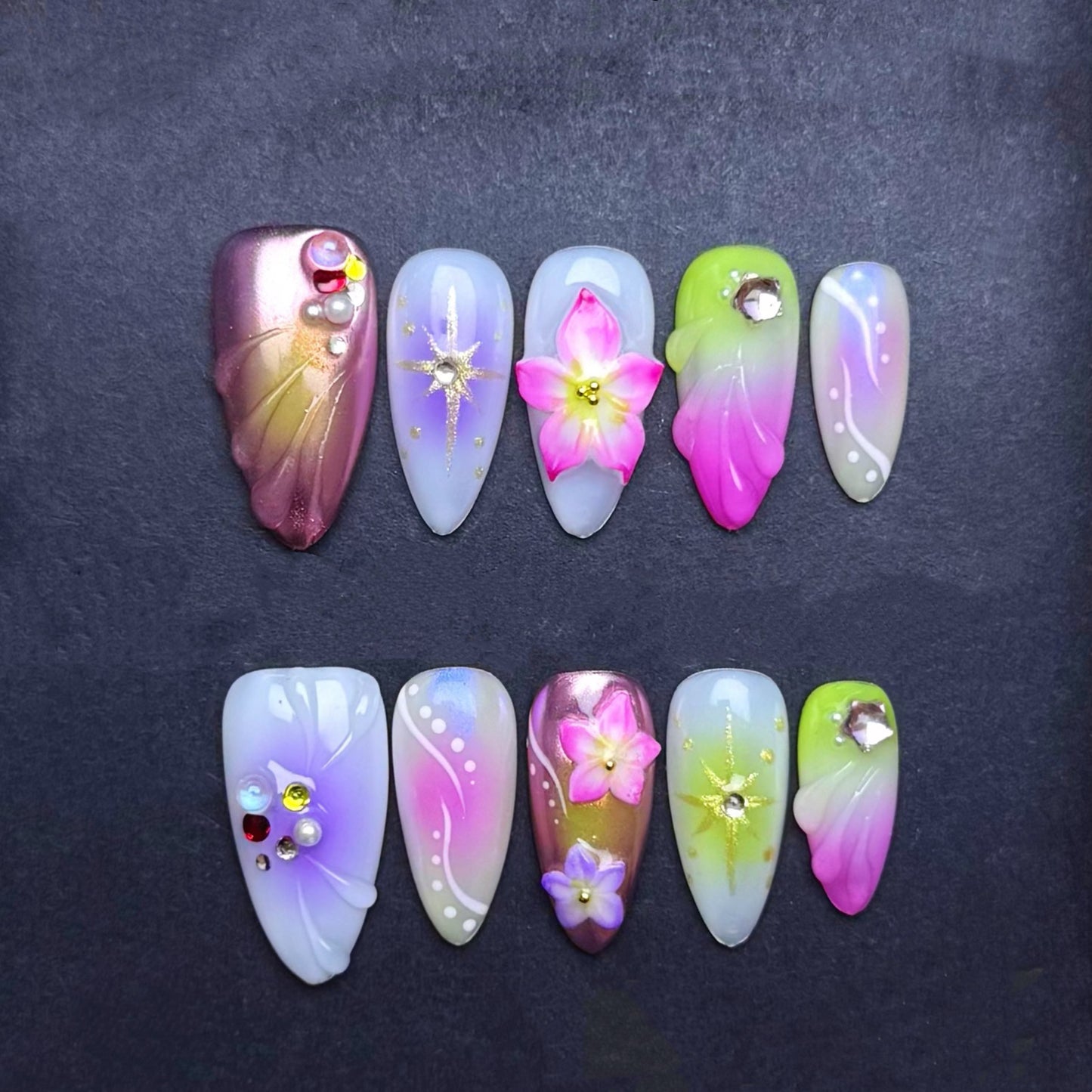 Aurora Tropical Blossom Press-On Nails | Pink Green Ombre Floral Almond False Nails | Chrome Paradise Manicure