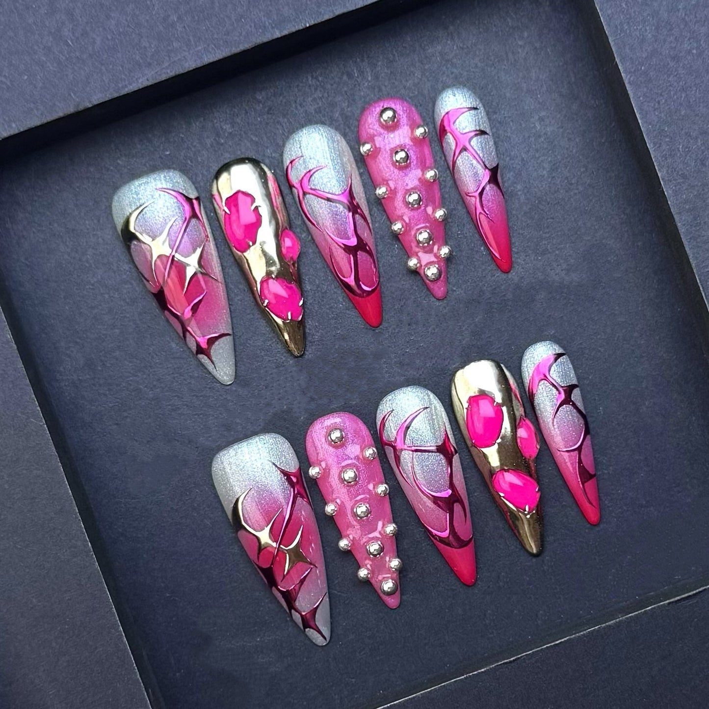 Hot Pink Chrome Floral Press-On Nails | Metallic Silver Cat Eye Stiletto False Nails | Luxury Statement Manicure