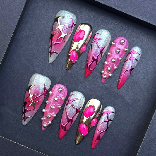 Hot Pink Chrome Floral Press-On Nails | Metallic Silver Cat Eye Stiletto False Nails | Luxury Statement Manicure