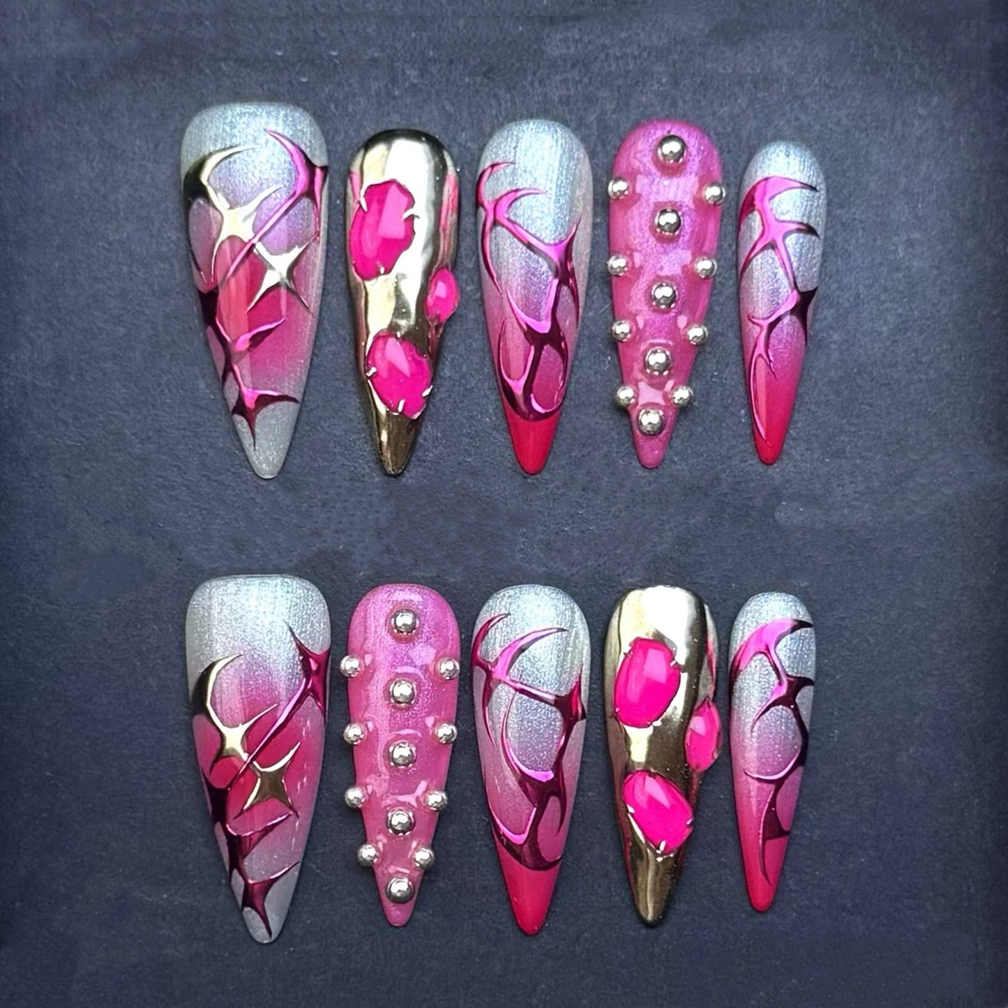 Hot Pink Chrome Floral Press-On Nails | Metallic Silver Cat Eye Stiletto False Nails | Luxury Statement Manicure