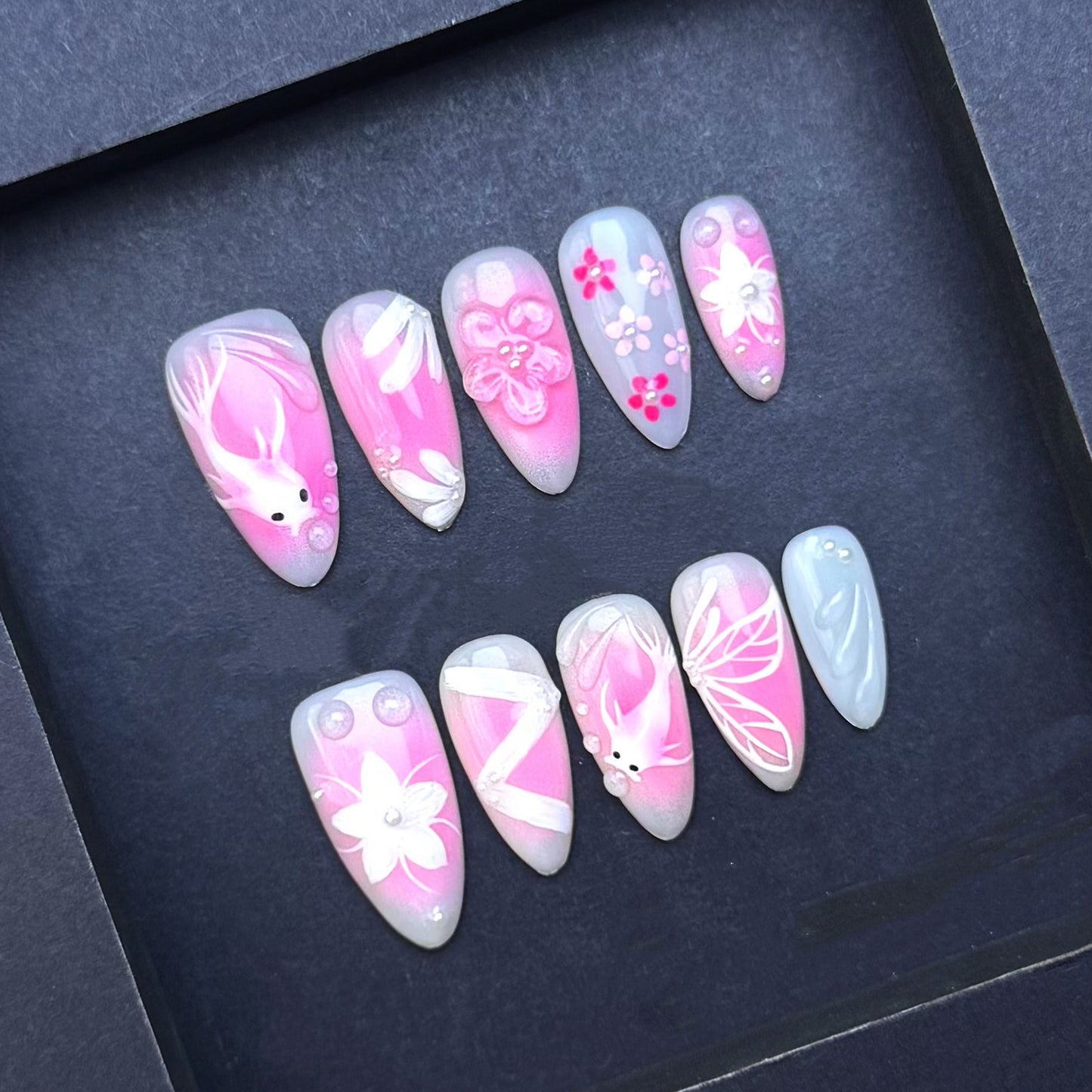 Pink Koi Fish Blossom Press-On Nails | Floral Pink Ombre Almond False Nails | Japanese Garden Spring Manicure
