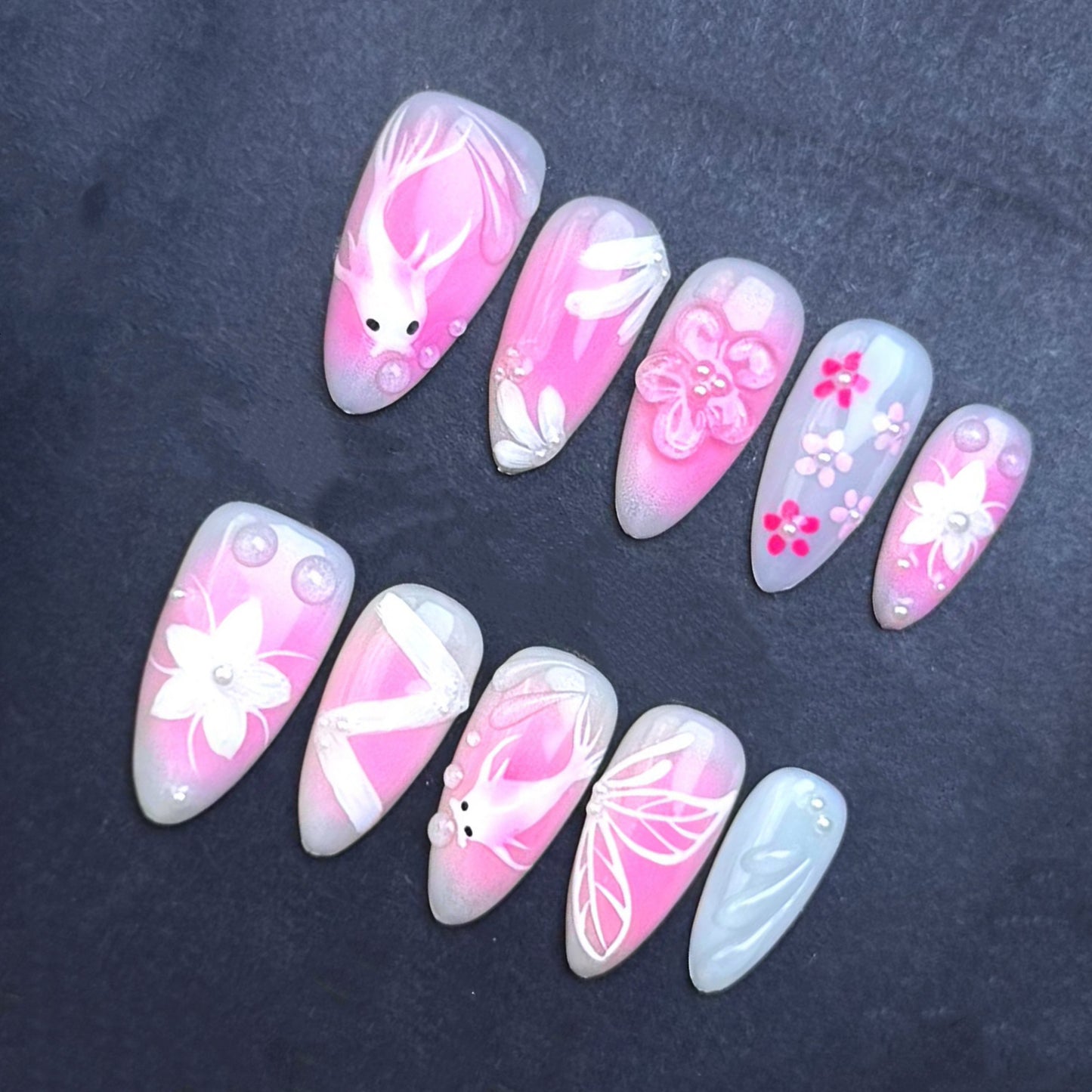Pink Koi Fish Blossom Press-On Nails | Floral Pink Ombre Almond False Nails | Japanese Garden Spring Manicure