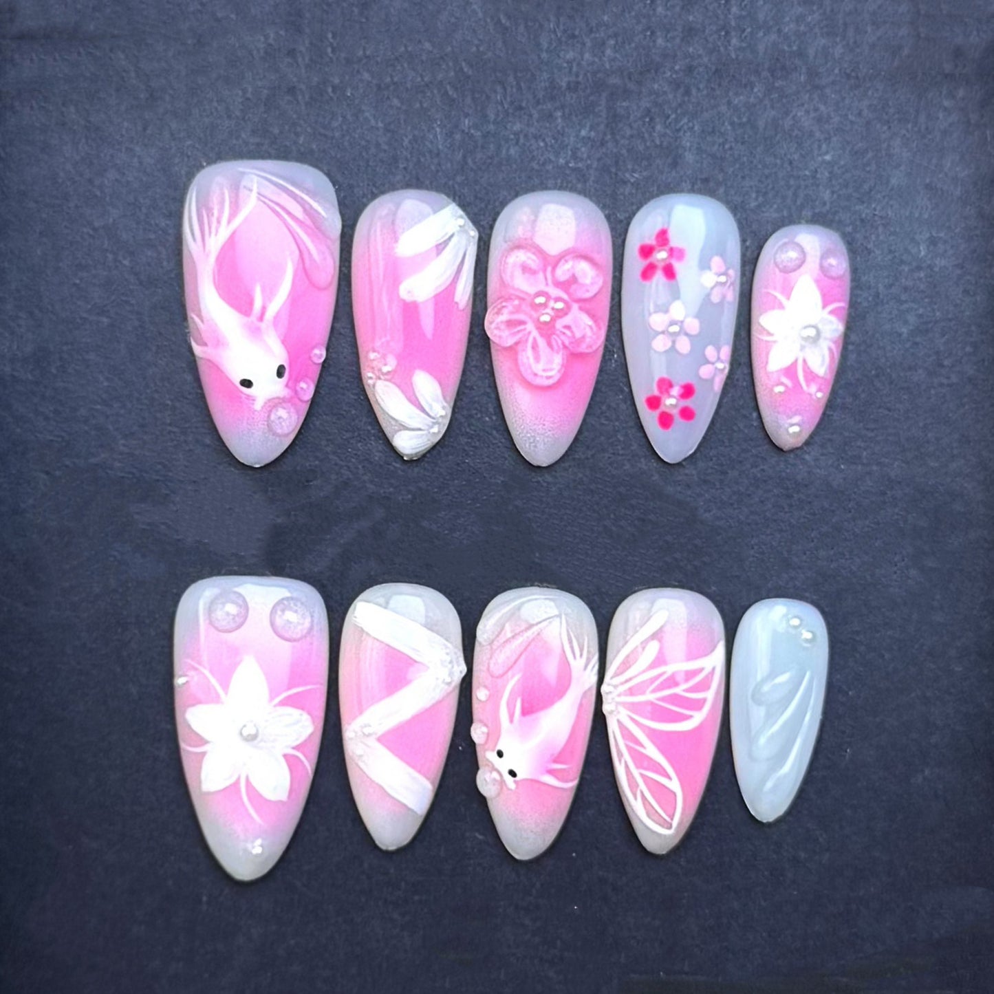 Pink Koi Fish Blossom Press-On Nails | Floral Pink Ombre Almond False Nails | Japanese Garden Spring Manicure