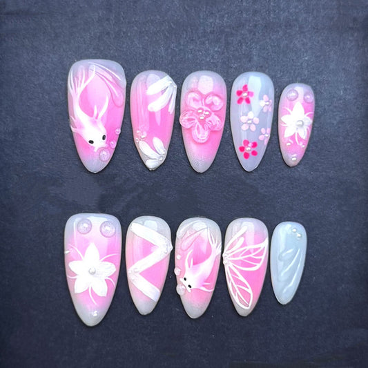 Pink Koi Fish Blossom Press-On Nails | Floral Pink Ombre Almond False Nails | Japanese Garden Spring Manicure