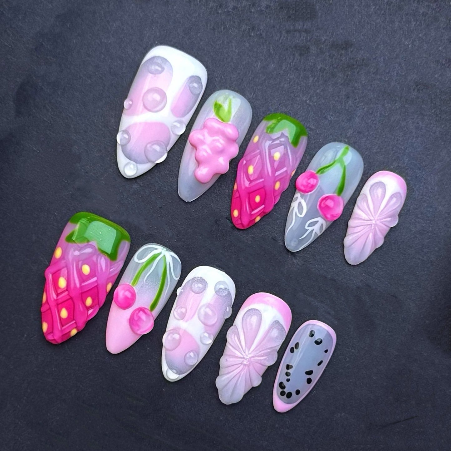 Kawaii Berry Butterfly Press-On Nails | Strawberry Cherry Pink Almond False Nails | Cute Pastel Fruit Manicure