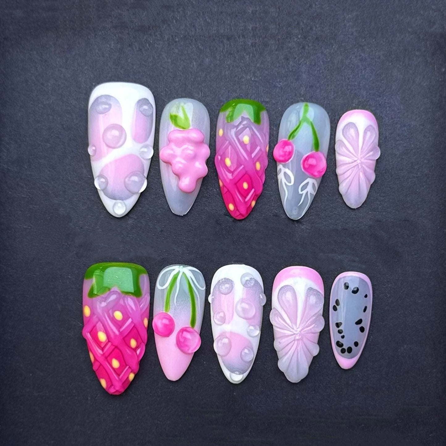 Kawaii Berry Butterfly Press-On Nails | Strawberry Cherry Pink Almond False Nails | Cute Pastel Fruit Manicure