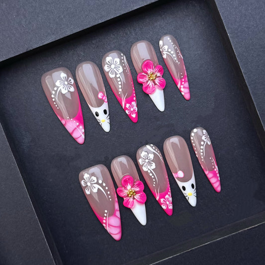 Cute Cat Blossom Press-On Nails | Pink Floral Almond False Nails | Kawaii Spring Manicure