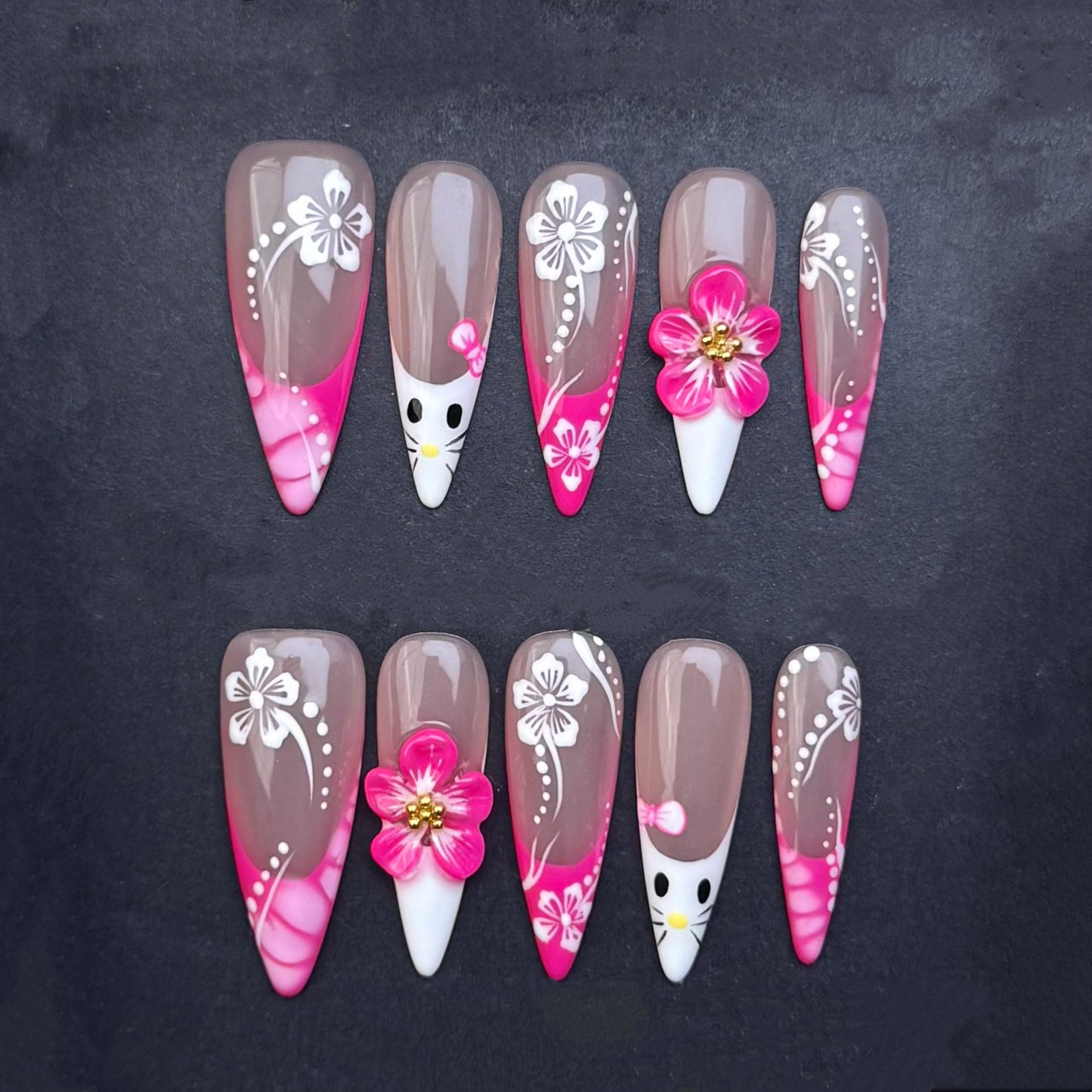 Cute Cat Blossom Press-On Nails | Pink Floral Almond False Nails | Kawaii Spring Manicure
