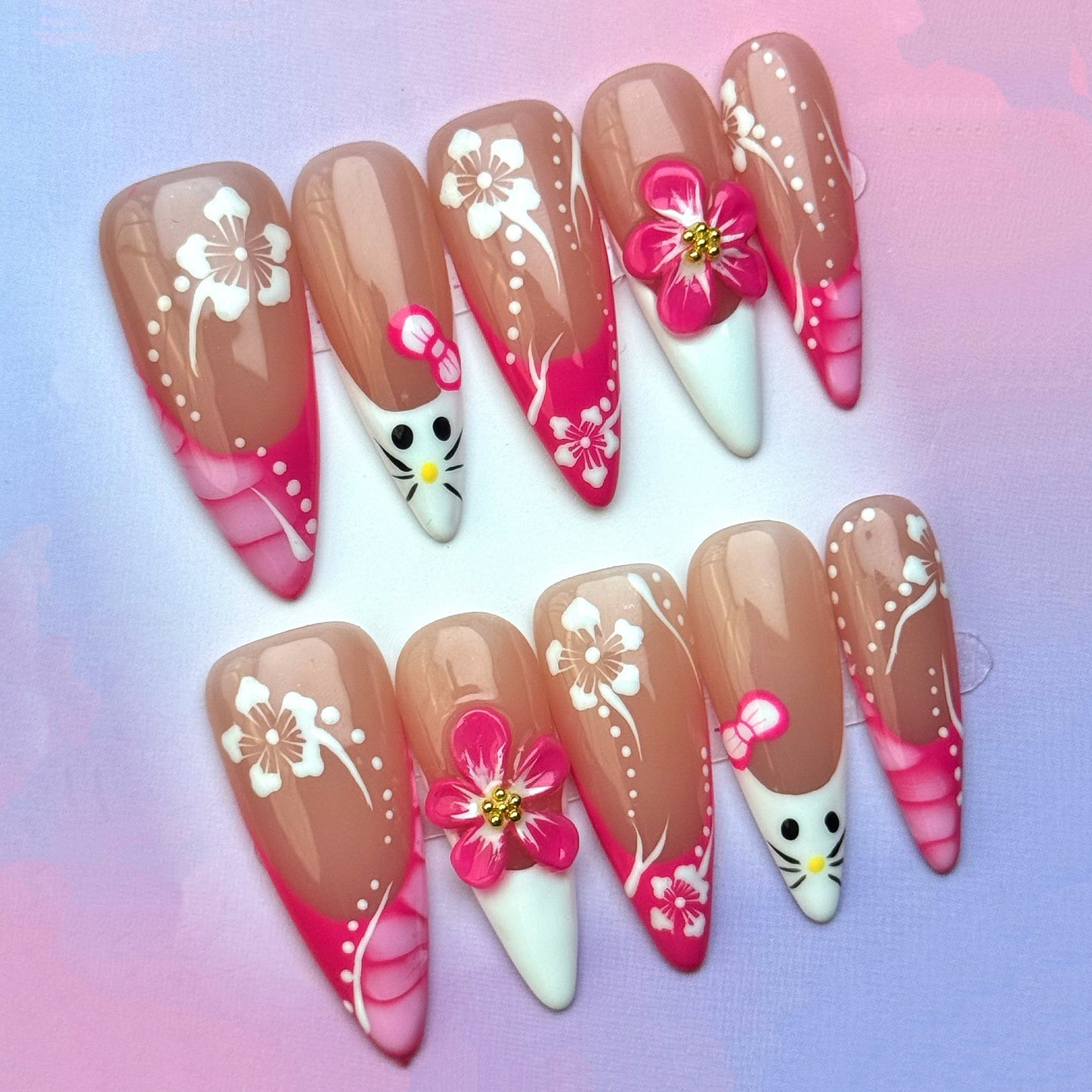 Cute Cat Blossom Press-On Nails | Pink Floral Almond False Nails | Kawaii Spring Manicure