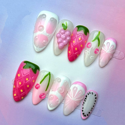 Kawaii Berry Butterfly Press-On Nails | Strawberry Cherry Pink Almond False Nails | Cute Pastel Fruit Manicure