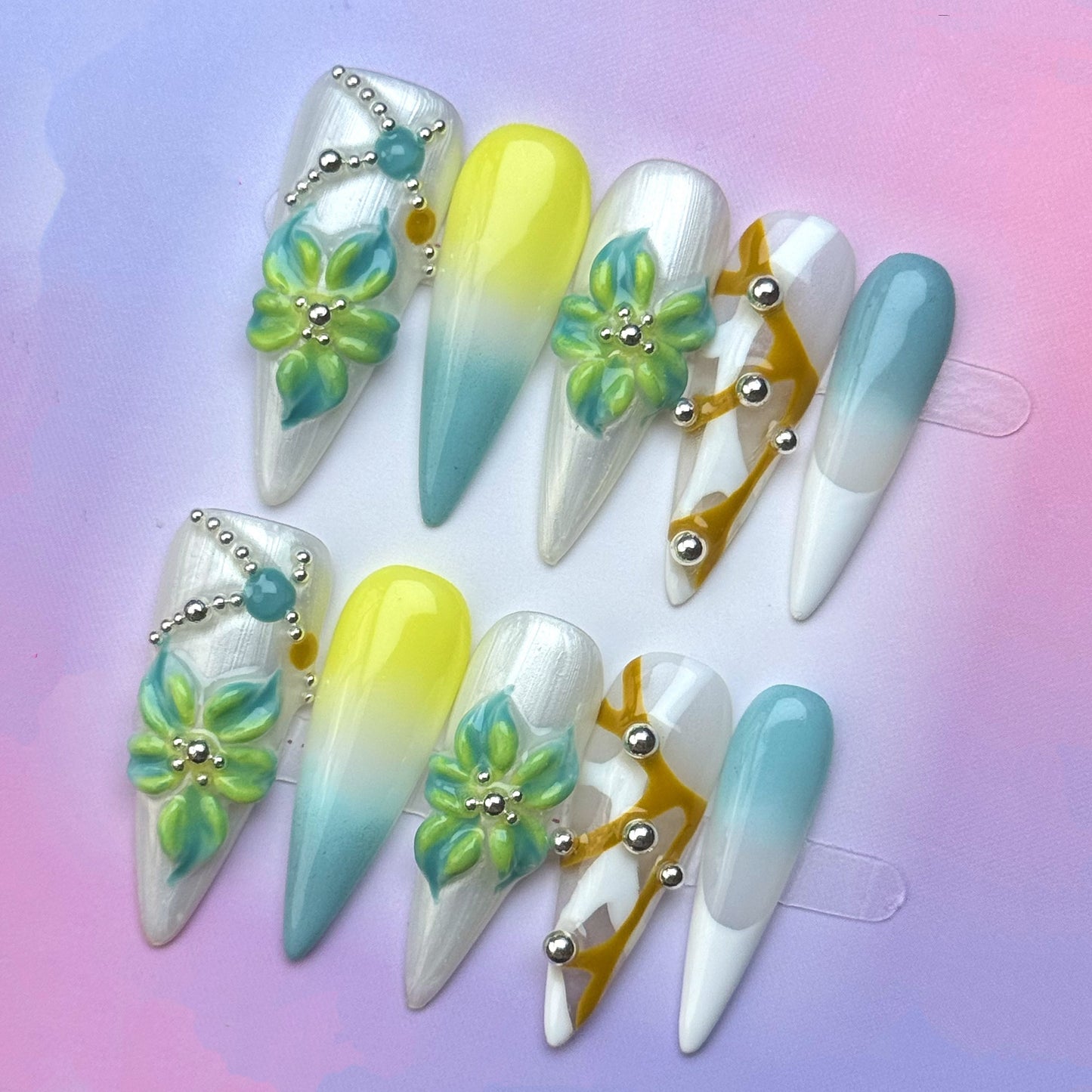 Aqua Blossom Ombre Press-On Nails | Blue Yellow Floral Stiletto False Nails | Tropical Summer Manicure