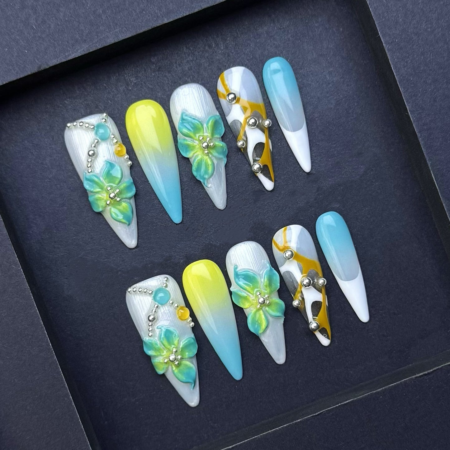 Aqua Blossom Ombre Press-On Nails | Blue Yellow Floral Stiletto False Nails | Tropical Summer Manicure