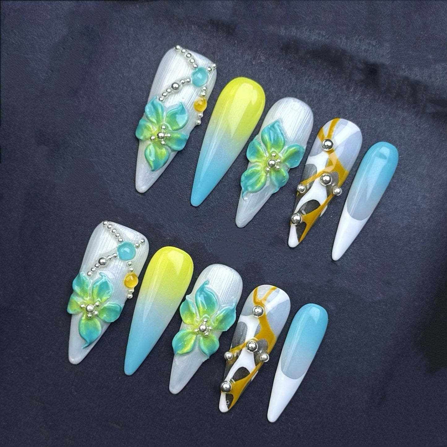 Aqua Blossom Ombre Press-On Nails | Blue Yellow Floral Stiletto False Nails | Tropical Summer Manicure