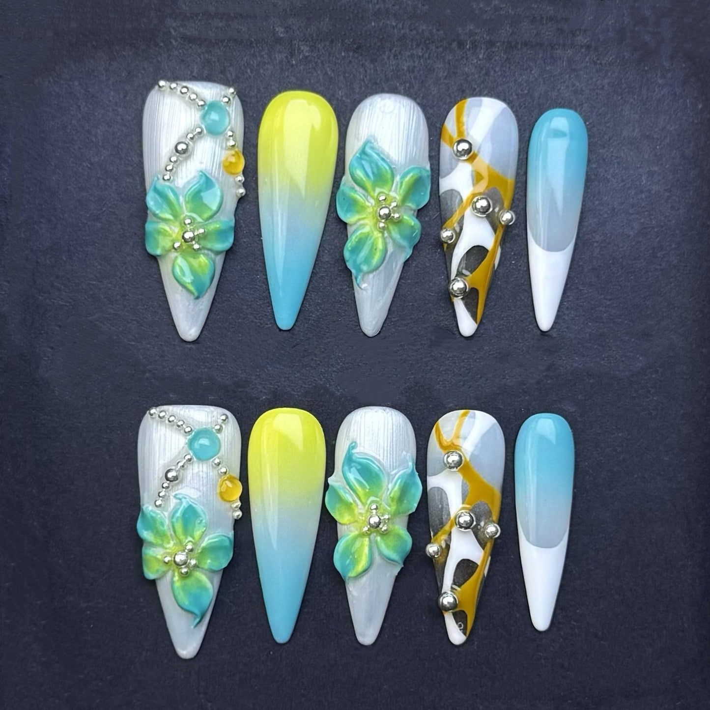 Aqua Blossom Ombre Press-On Nails | Blue Yellow Floral Stiletto False Nails | Tropical Summer Manicure