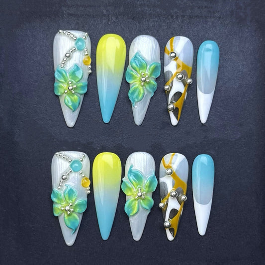 Aqua Blossom Ombre Press-On Nails | Blue Yellow Floral Stiletto False Nails | Tropical Summer Manicure