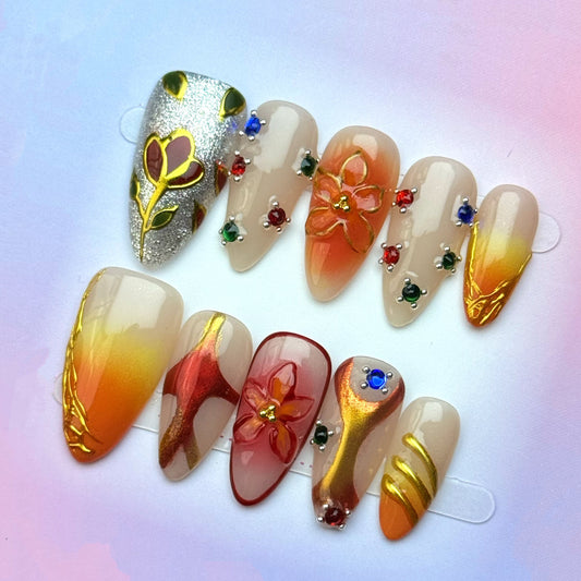Golden Sunset Floral Press-On Nails | Orange Ombre Gold Chrome Almond False Nails | Luxury Autumn Manicure