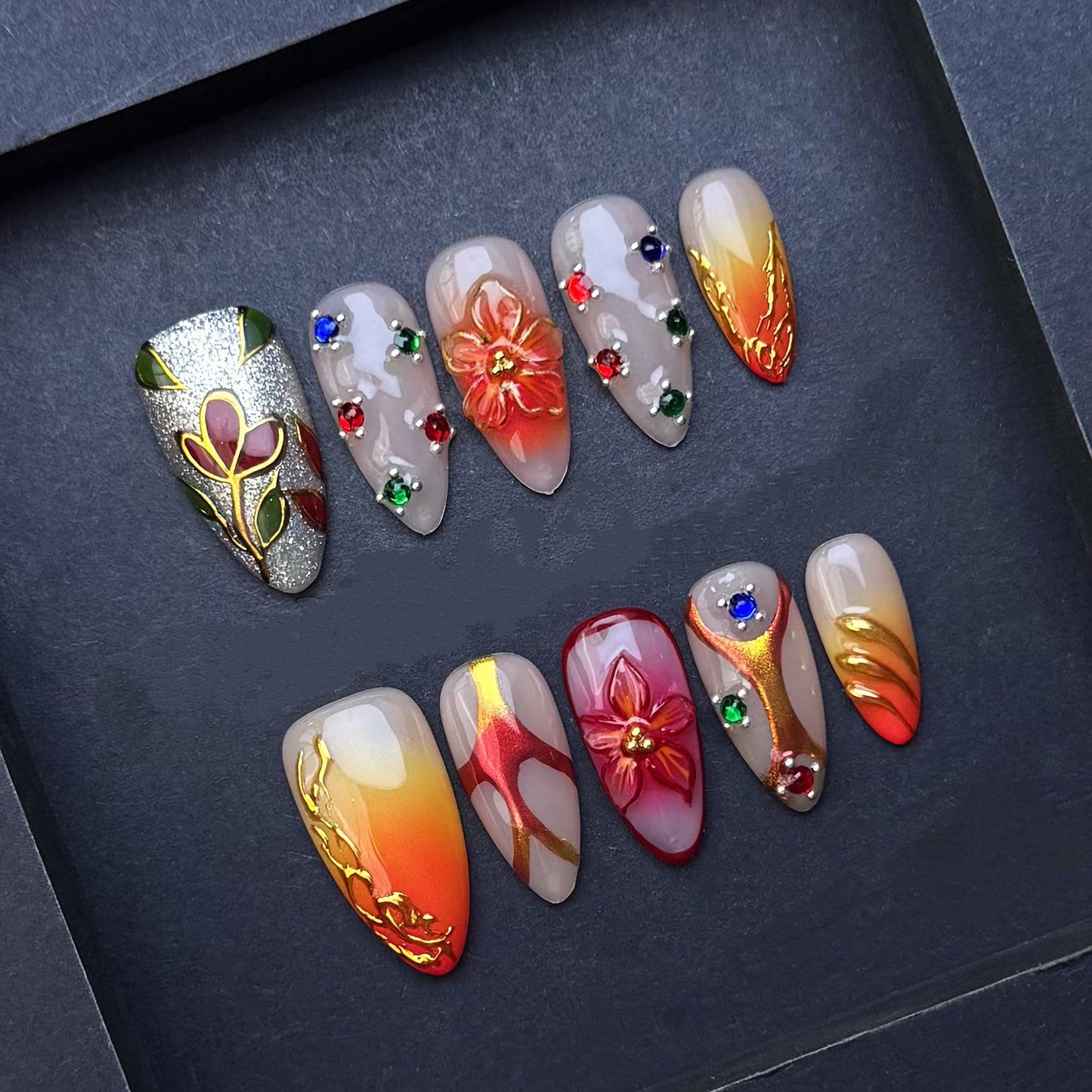 Golden Sunset Floral Press-On Nails | Orange Ombre Gold Chrome Almond False Nails | Luxury Autumn Manicure