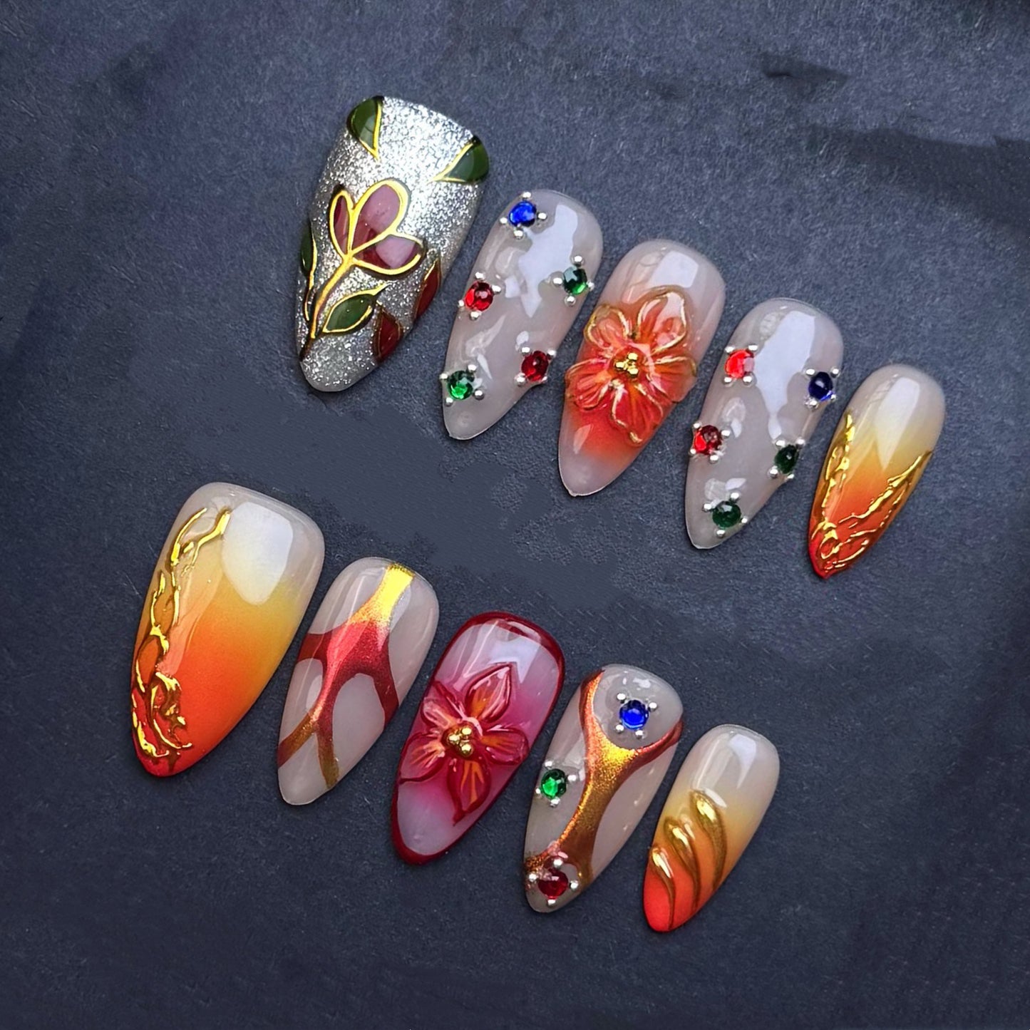 Golden Sunset Floral Press-On Nails | Orange Ombre Gold Chrome Almond False Nails | Luxury Autumn Manicure