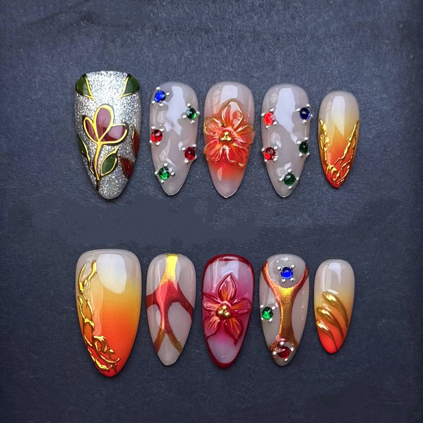 Golden Sunset Floral Press-On Nails | Orange Ombre Gold Chrome Almond False Nails | Luxury Autumn Manicure