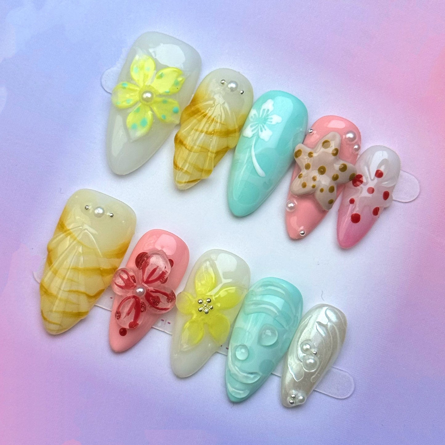 Coastal Seashell Blossom Press-On Nails | Beach Starfish Tropical Floral Almond False Nails | Ocean Summer Manicure