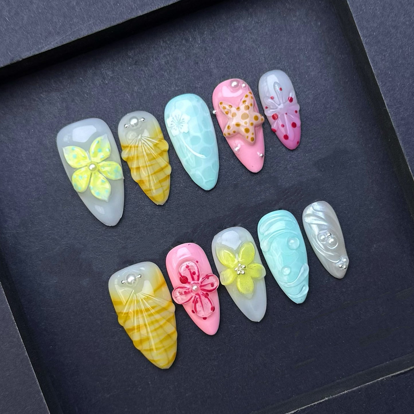 Coastal Seashell Blossom Press-On Nails | Beach Starfish Tropical Floral Almond False Nails | Ocean Summer Manicure