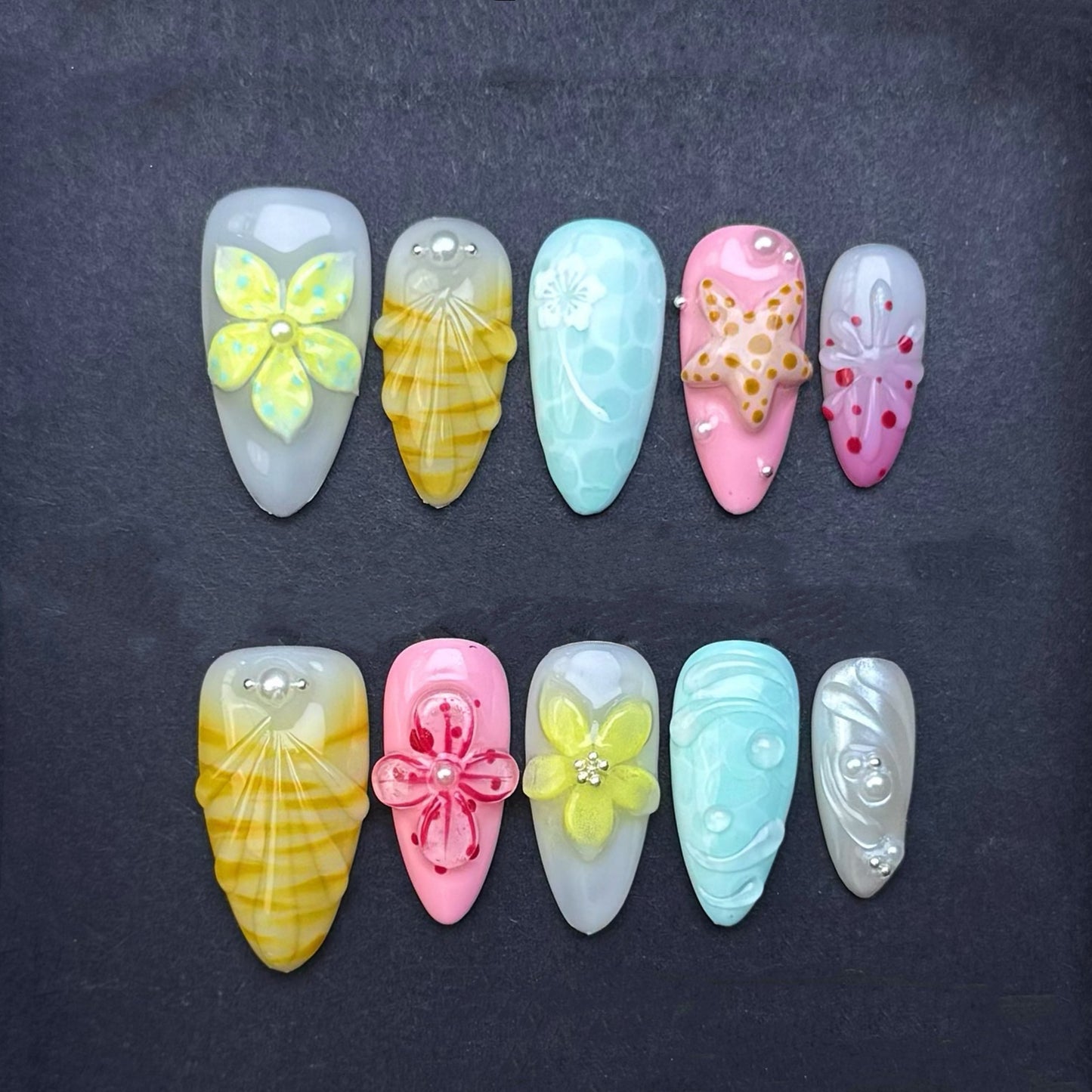 Coastal Seashell Blossom Press-On Nails | Beach Starfish Tropical Floral Almond False Nails | Ocean Summer Manicure