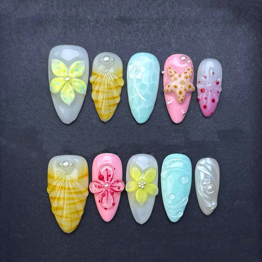 Coastal Seashell Blossom Press-On Nails | Beach Starfish Tropical Floral Almond False Nails | Ocean Summer Manicure