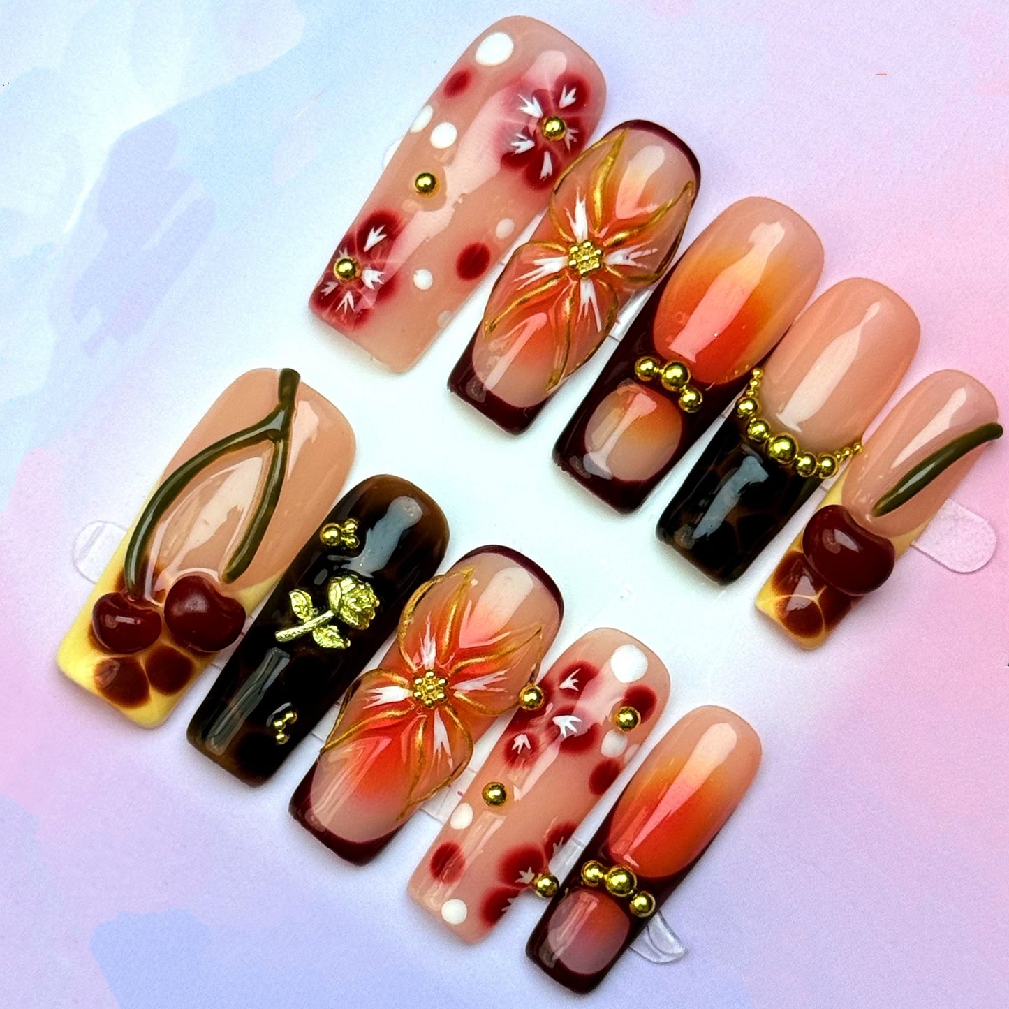 Cherry Blossom Burgundy Press-On Nails | Autumn Floral French Tip Square False Nails | Luxury Fall Manicure