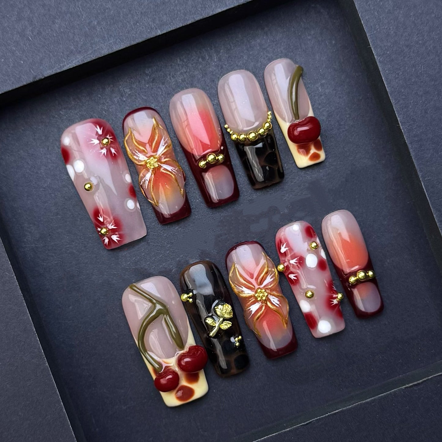 Cherry Blossom Burgundy Press-On Nails | Autumn Floral French Tip Square False Nails | Luxury Fall Manicure