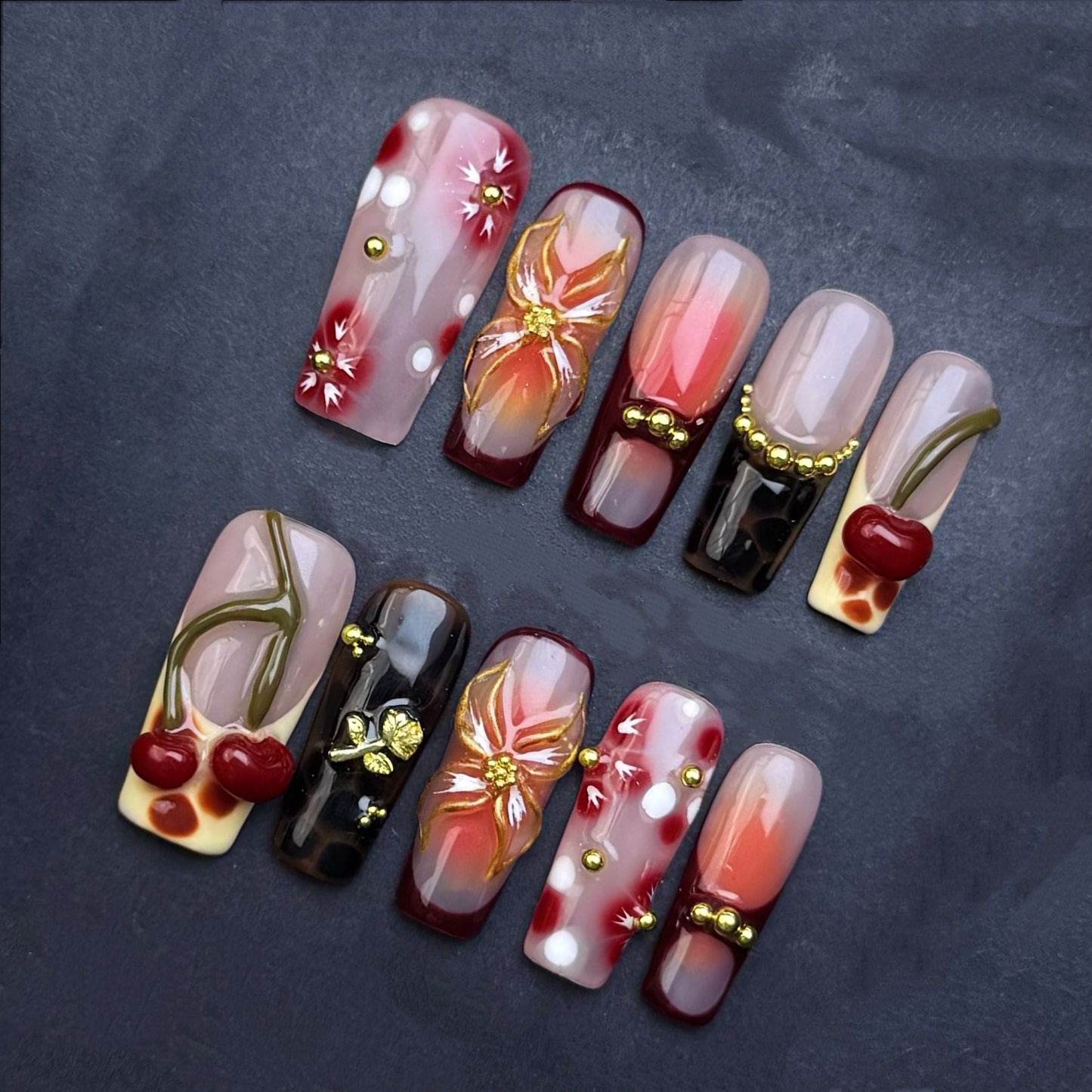 Cherry Blossom Burgundy Press-On Nails | Autumn Floral French Tip Square False Nails | Luxury Fall Manicure