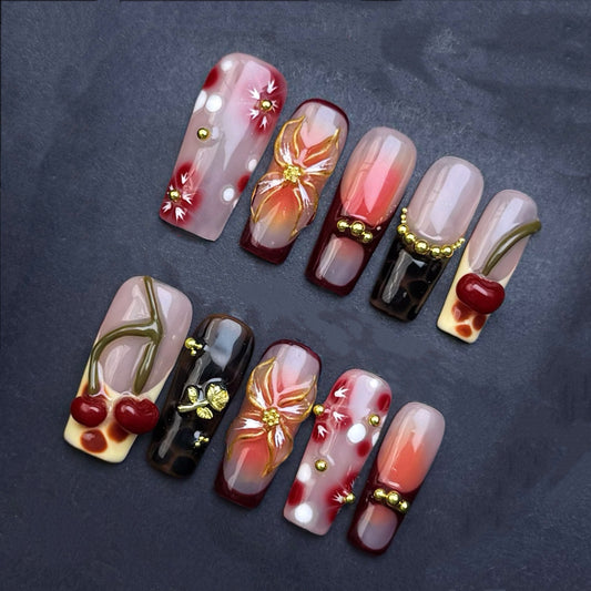 Cherry Blossom Burgundy Press-On Nails | Autumn Floral French Tip Square False Nails | Luxury Fall Manicure