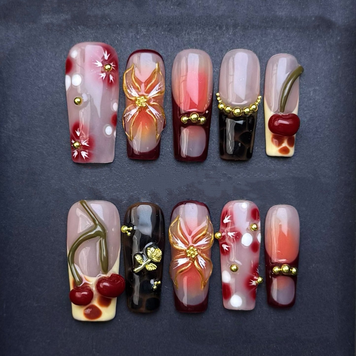 Cherry Blossom Burgundy Press-On Nails | Autumn Floral French Tip Square False Nails | Luxury Fall Manicure
