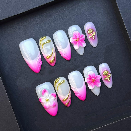 Pink Rose Blossom Press-On Nails | Pink Ombre 3D Flower Almond False Nails | Gold Chrome Floral Manicure
