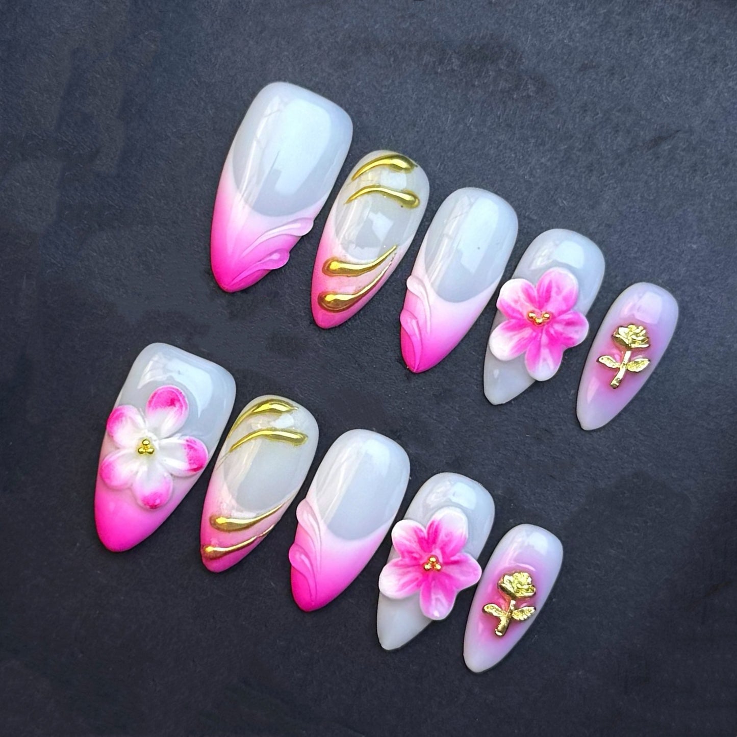 Pink Rose Blossom Press-On Nails | Pink Ombre 3D Flower Almond False Nails | Gold Chrome Floral Manicure