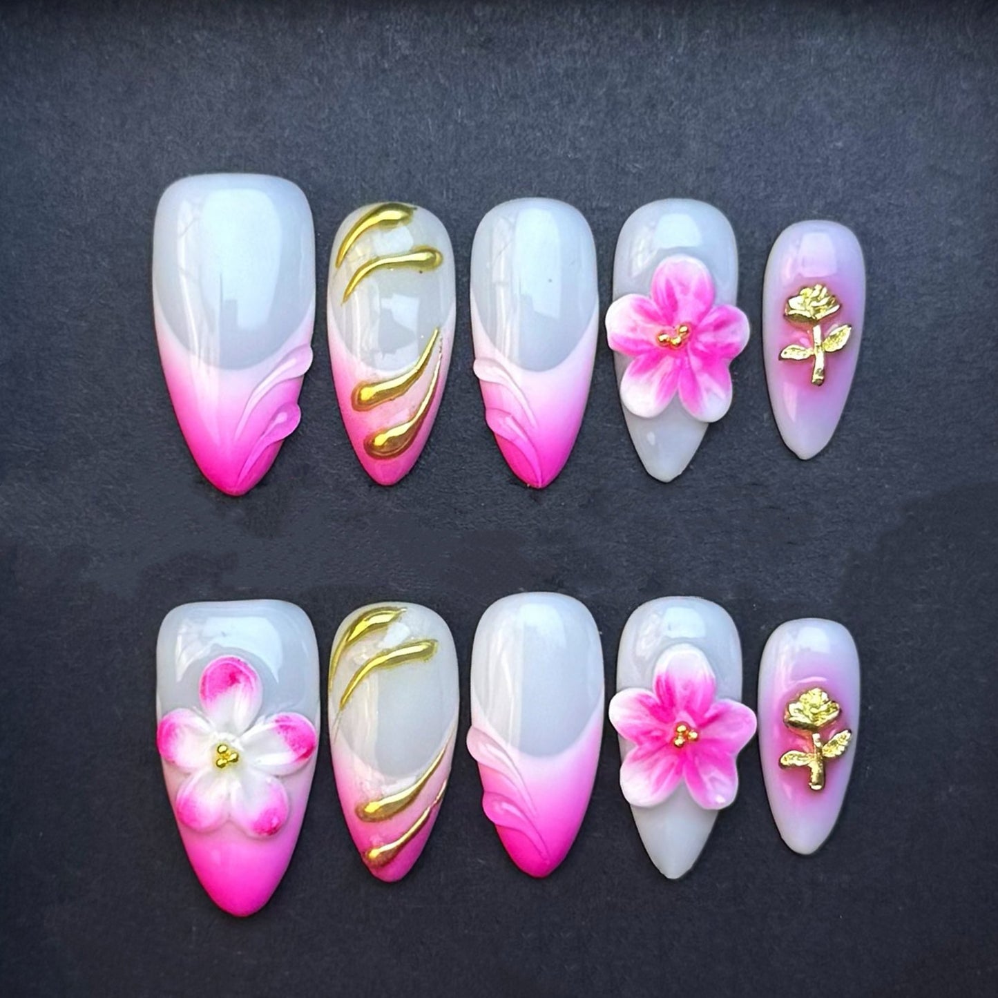 Pink Rose Blossom Press-On Nails | Pink Ombre 3D Flower Almond False Nails | Gold Chrome Floral Manicure