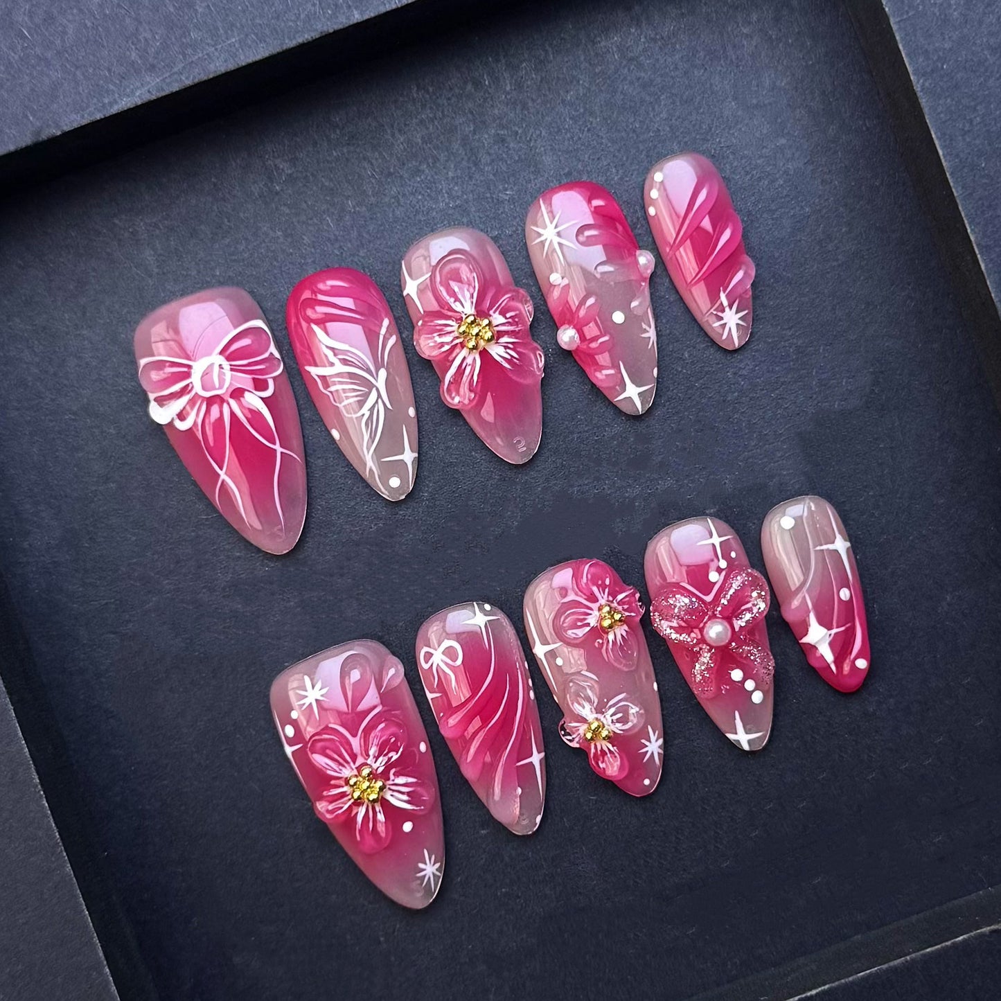 Pink Blossom Bow Press-On Nails | 3D Floral Pink Ombre Almond False Nails | Coquette Pearl Manicure