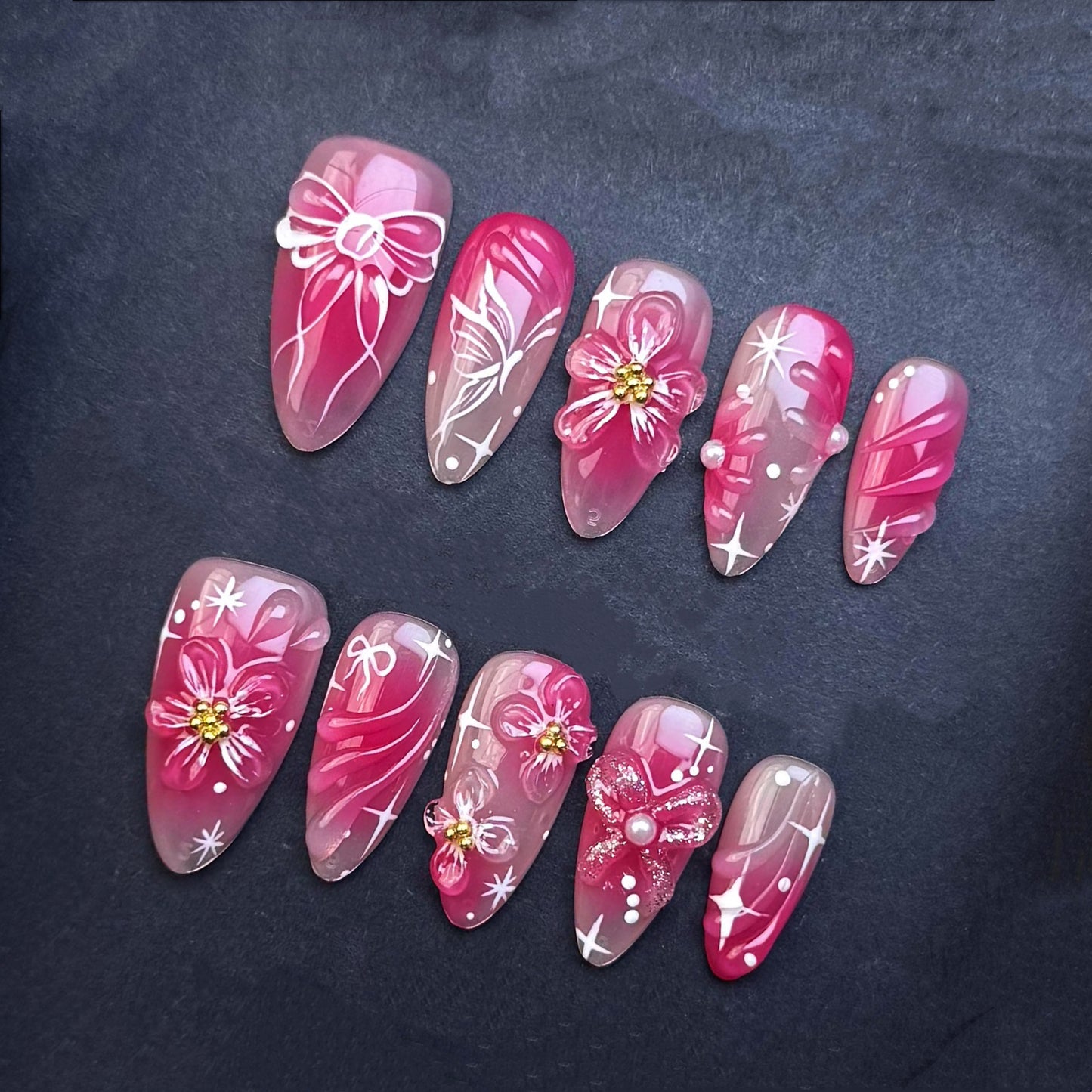 Pink Blossom Bow Press-On Nails | 3D Floral Pink Ombre Almond False Nails | Coquette Pearl Manicure