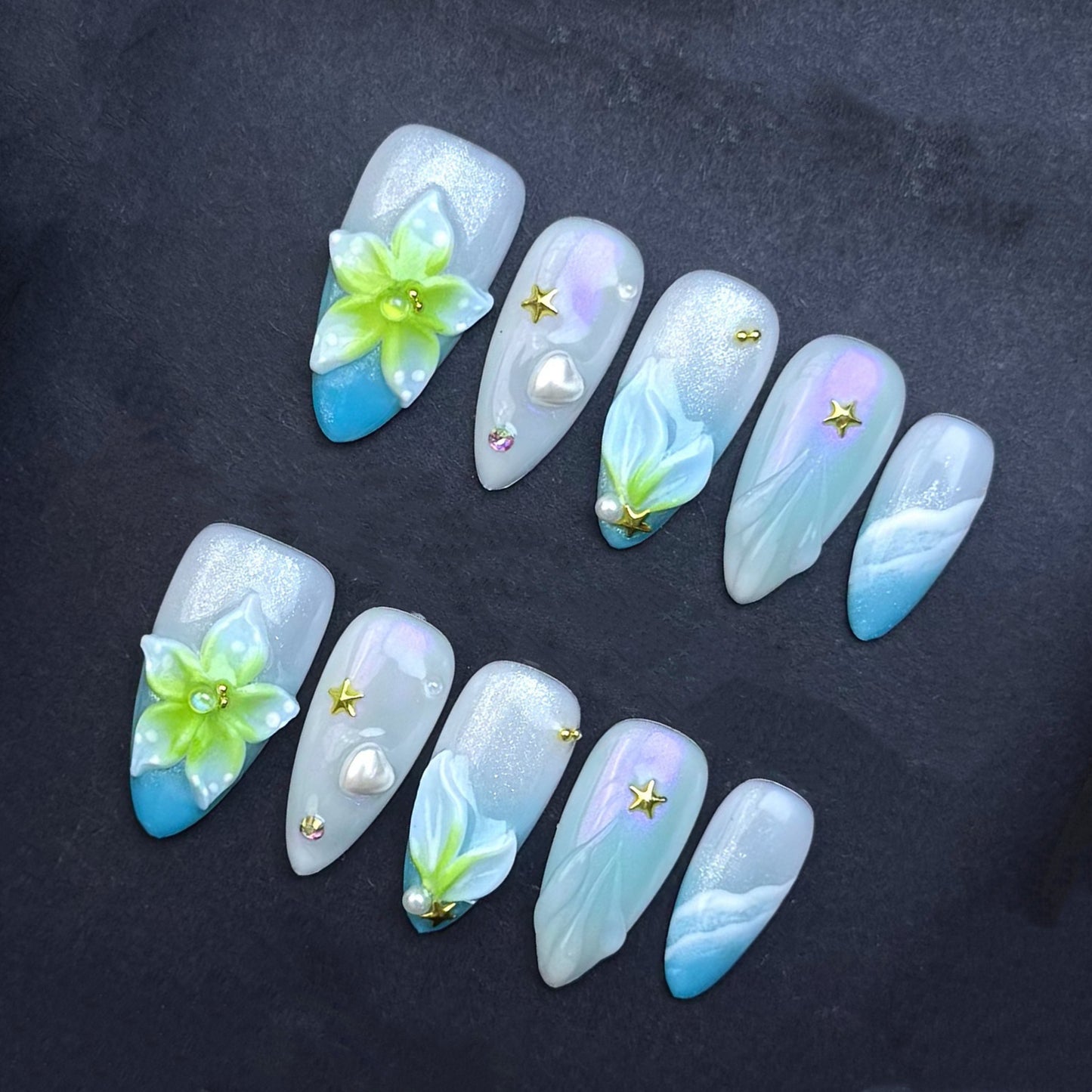 Celestial Blue Lily Press-On Nails | 3D Flower Blue Ombre Almond False Nails | Pearl Star Fantasy Manicure