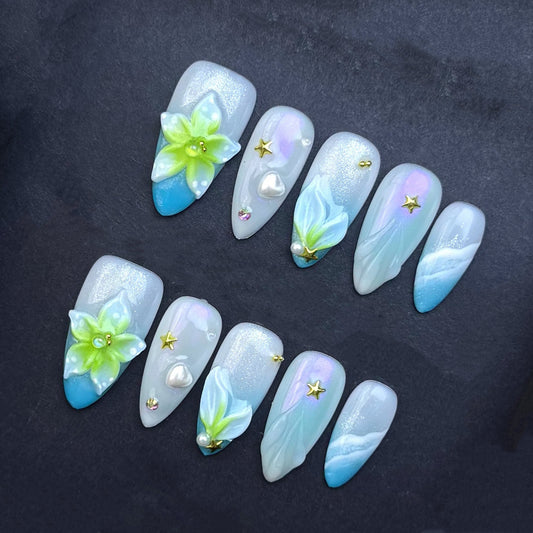 Celestial Blue Lily Press-On Nails | 3D Flower Blue Ombre Almond False Nails | Pearl Star Fantasy Manicure