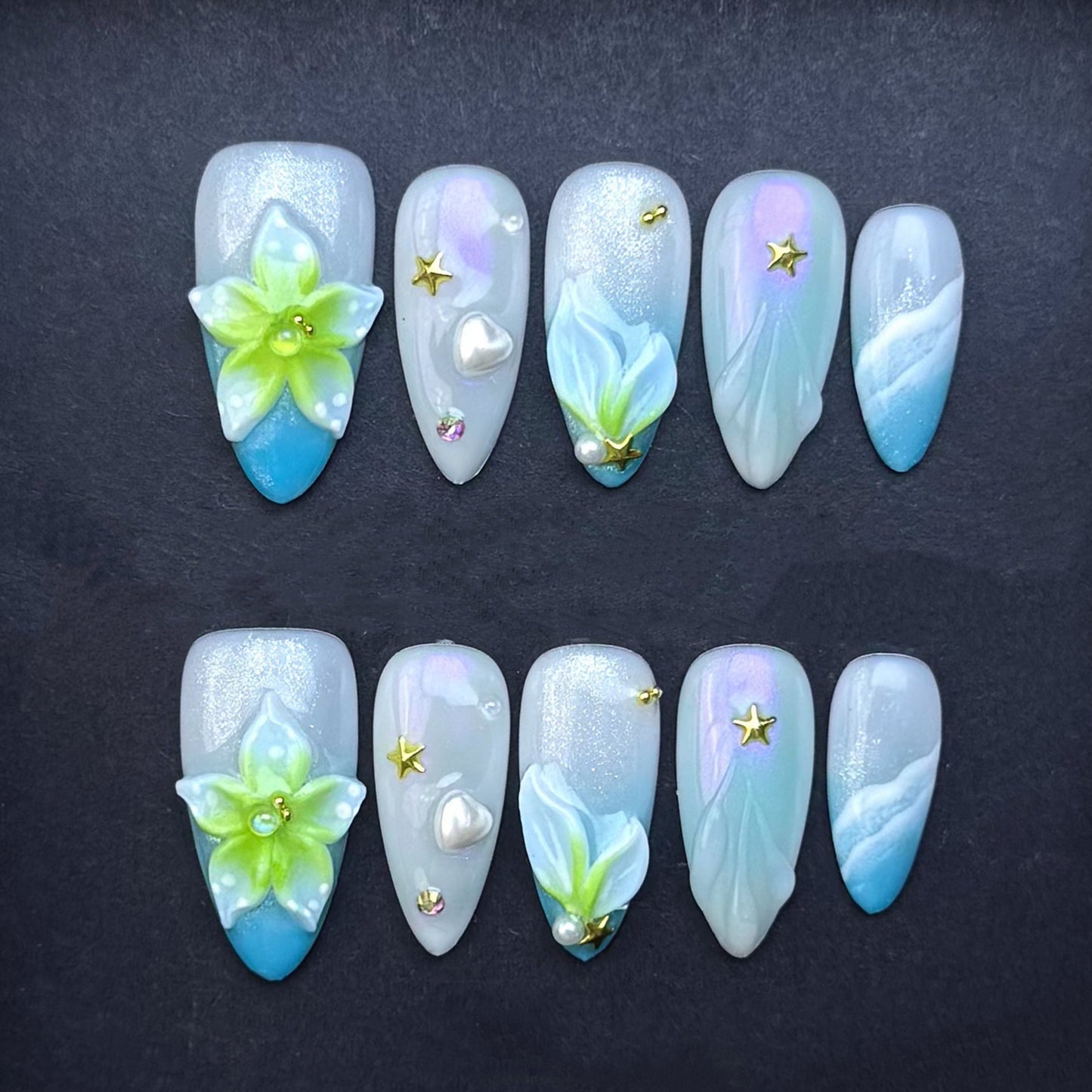 Celestial Blue Lily Press-On Nails | 3D Flower Blue Ombre Almond False Nails | Pearl Star Fantasy Manicure