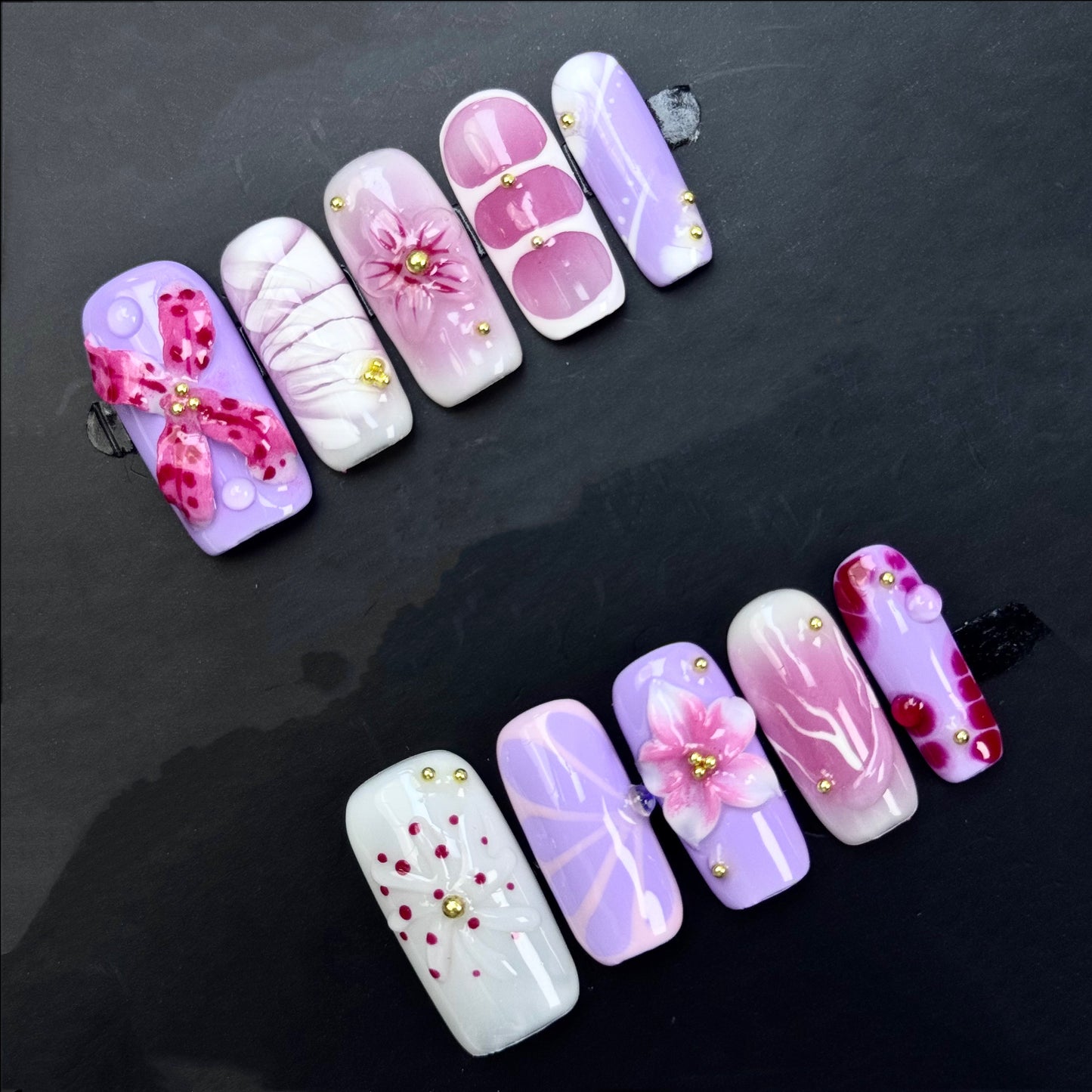 Lavender Pink Floral Press On Nails with 3D Flower Designs Cute Handmade Short Square Nails Spring Summer Nail Art Set Reusable Tips