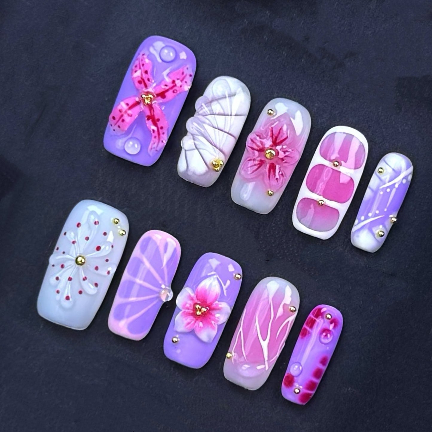 Lavender Pink Floral Press On Nails with 3D Flower Designs Cute Handmade Short Square Nails Spring Summer Nail Art Set Reusable Tips
