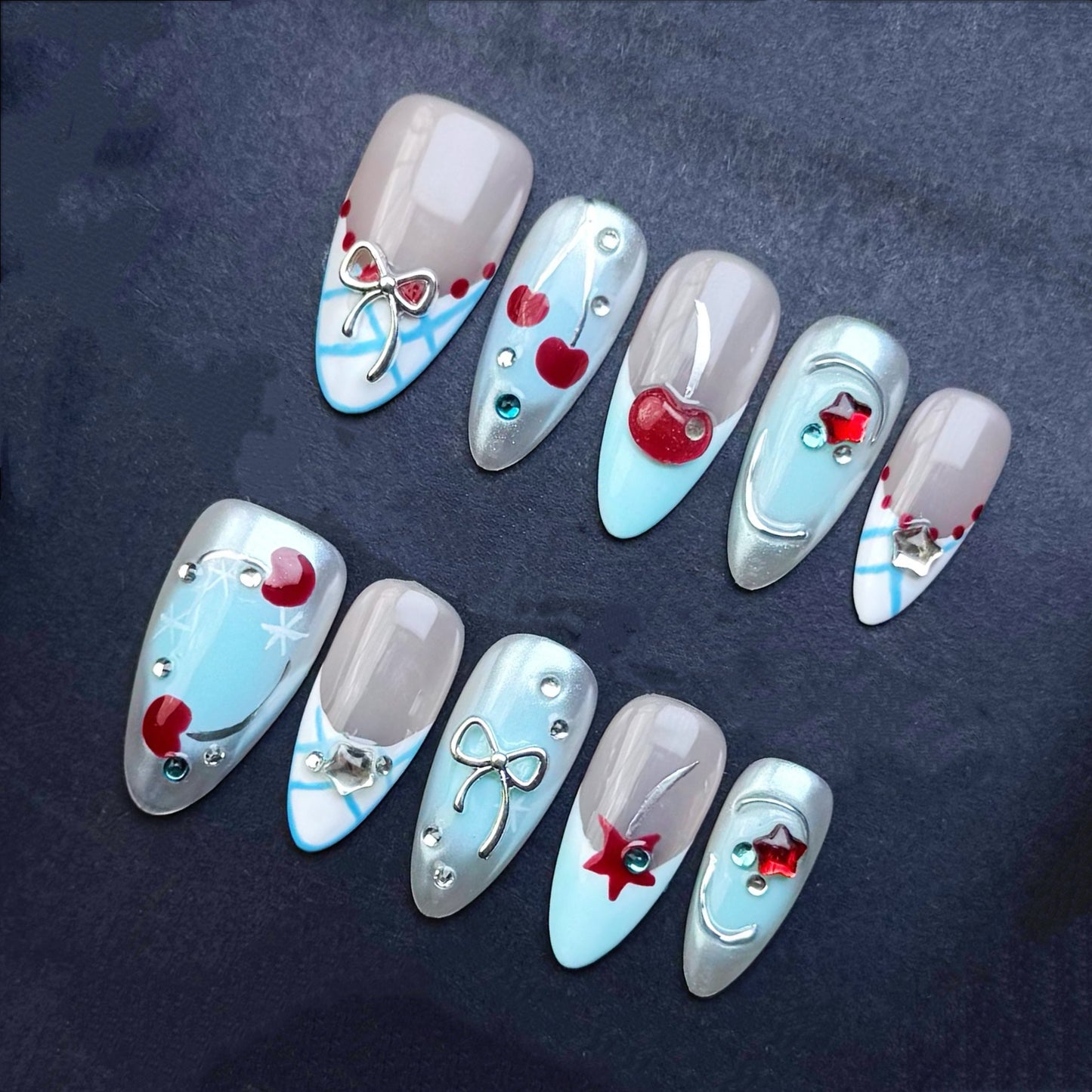 Baby Blue Cherry Press-On Nails | Silver Chrome Bow Nails | Coquette Kawaii Almond False Nails | Handmade Reusable Nail Set