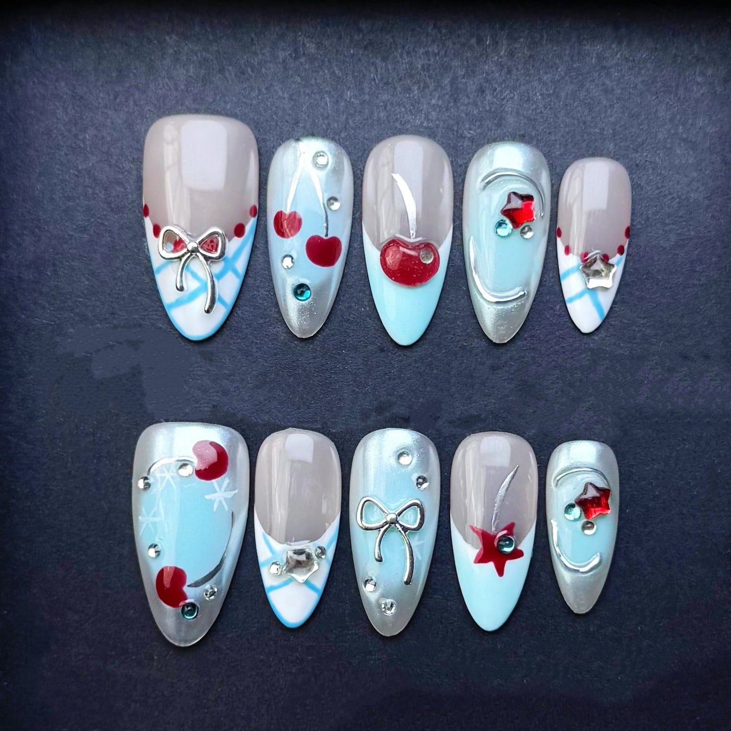 Baby Blue Cherry Press-On Nails | Silver Chrome Bow Nails | Coquette Kawaii Almond False Nails | Handmade Reusable Nail Set