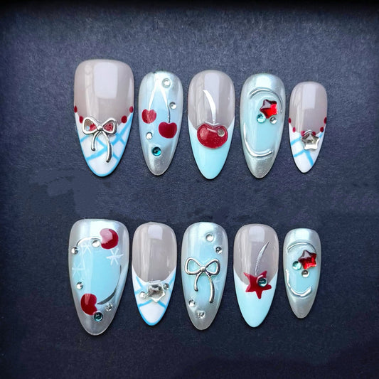 Baby Blue Cherry Press-On Nails | Silver Chrome Bow Nails | Coquette Kawaii Almond False Nails | Handmade Reusable Nail Set