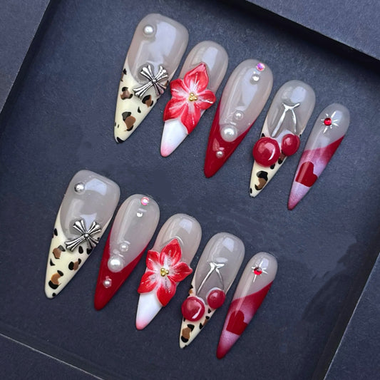 Cherry Blossom Leopard Press-On Nails | Red Heart Cherry Almond False Nails | Luxury Statement Manicure
