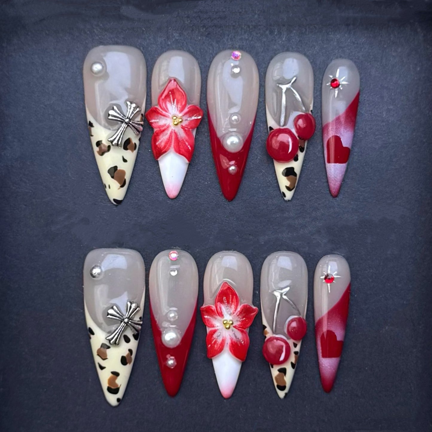 Cherry Blossom Leopard Press-On Nails | Red Heart Cherry Almond False Nails | Luxury Statement Manicure