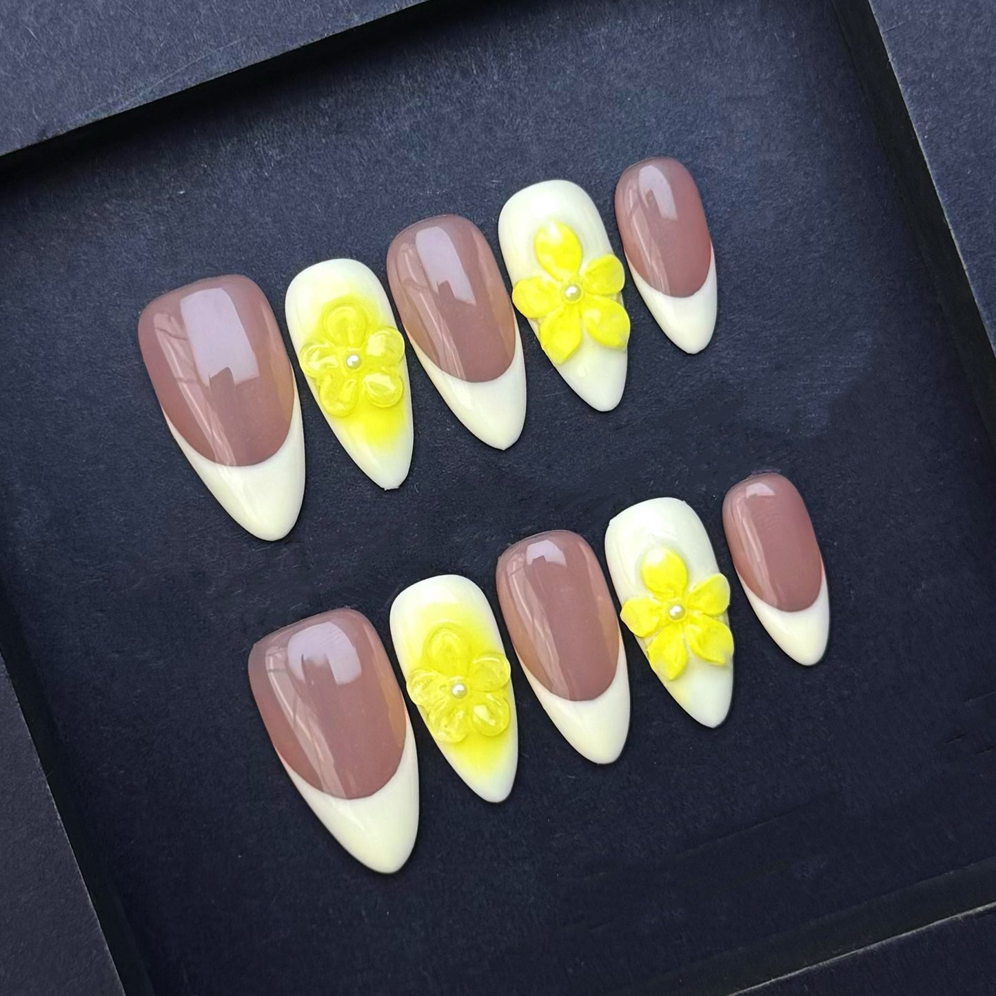 Mocha Daisy French Tip Press-On Nails | Nude Yellow Floral Almond False Nails | Elegant Spring Manicure