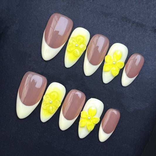 Mocha Daisy French Tip Press-On Nails | Nude Yellow Floral Almond False Nails | Elegant Spring Manicure
